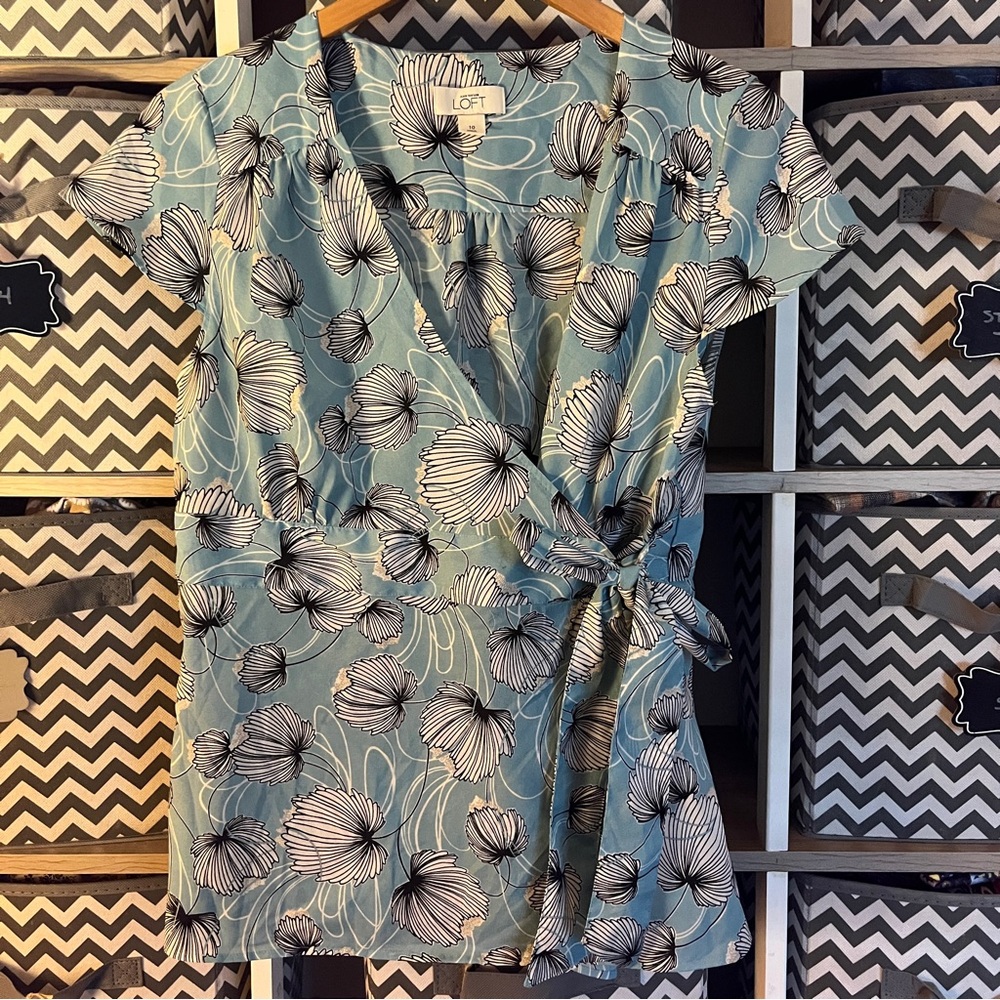 LOFT Teal and Black Floral Wrap Blouse